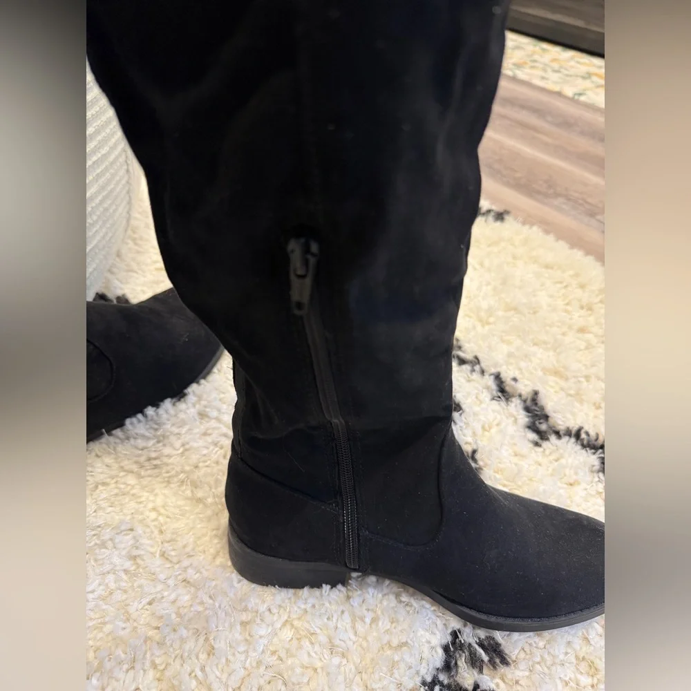 Sun + Stone Black Over The Knee Boots Size 8 Tall Faux Suede Flat Riding Boots - Picture 10 of 10